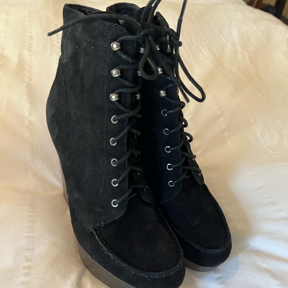 Coach boots. Black suede with wood platform wedge heel.